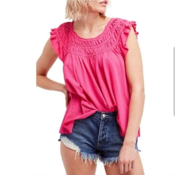 Free People We The Free Pink Smocked off the shoulder top size m - Picture 1 of 8